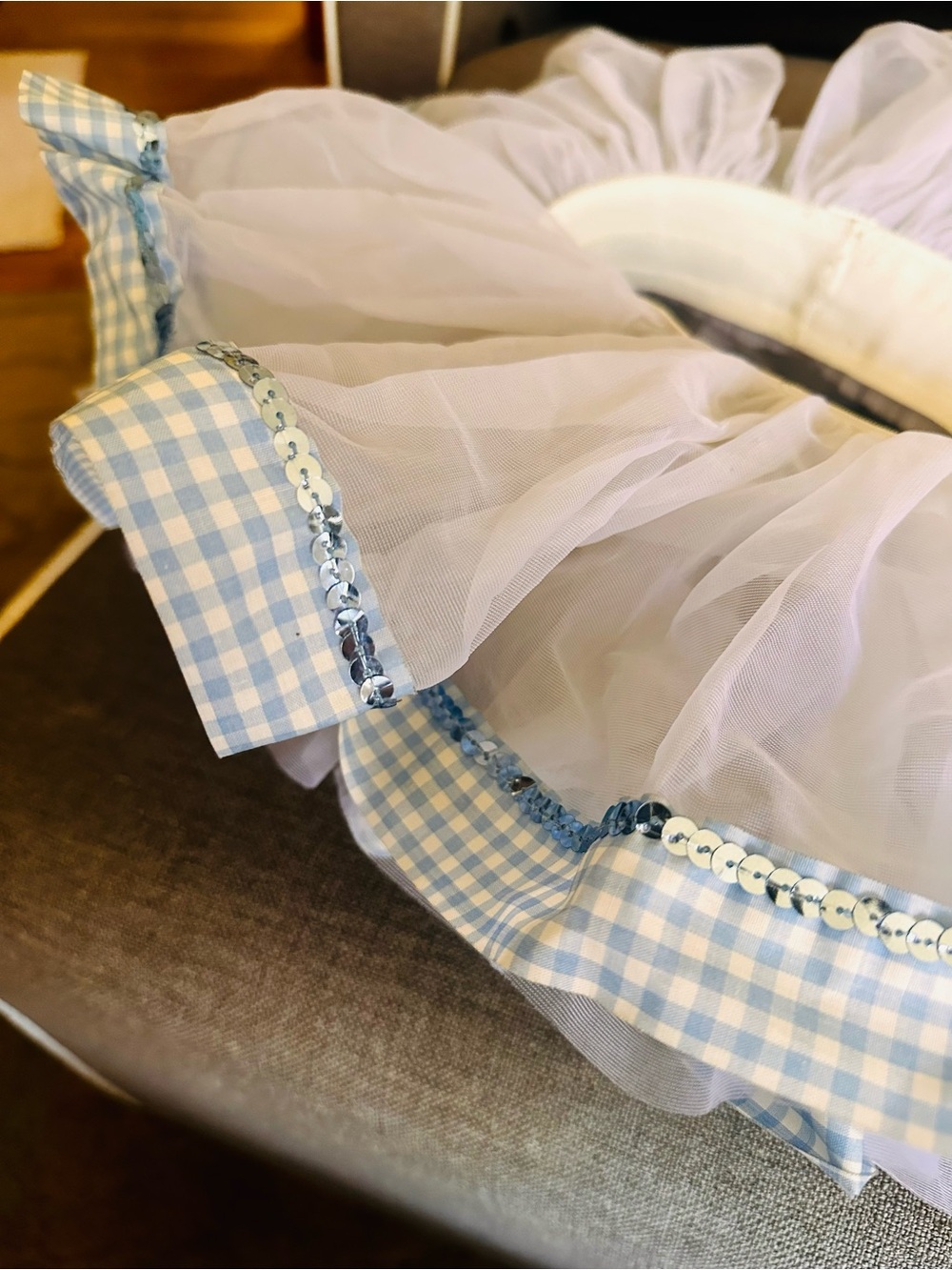 Blue Gingham & White Tulle Ruffled Headband with Sequins